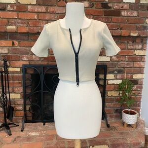 White Fox Boutique Cream Zip-Up Crop Top